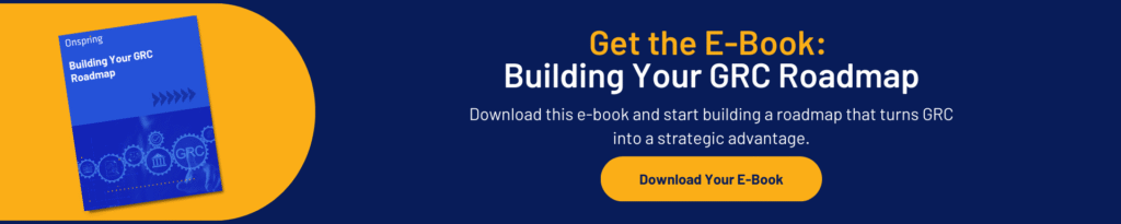 A promotional banner featuring a blue e-book cover titled Building Your GRC Roadmap with a yellow button labeled Download Your E-Book and text inviting users to get a free e-book on building a GRC roadmap using quick-win analysis strategies.