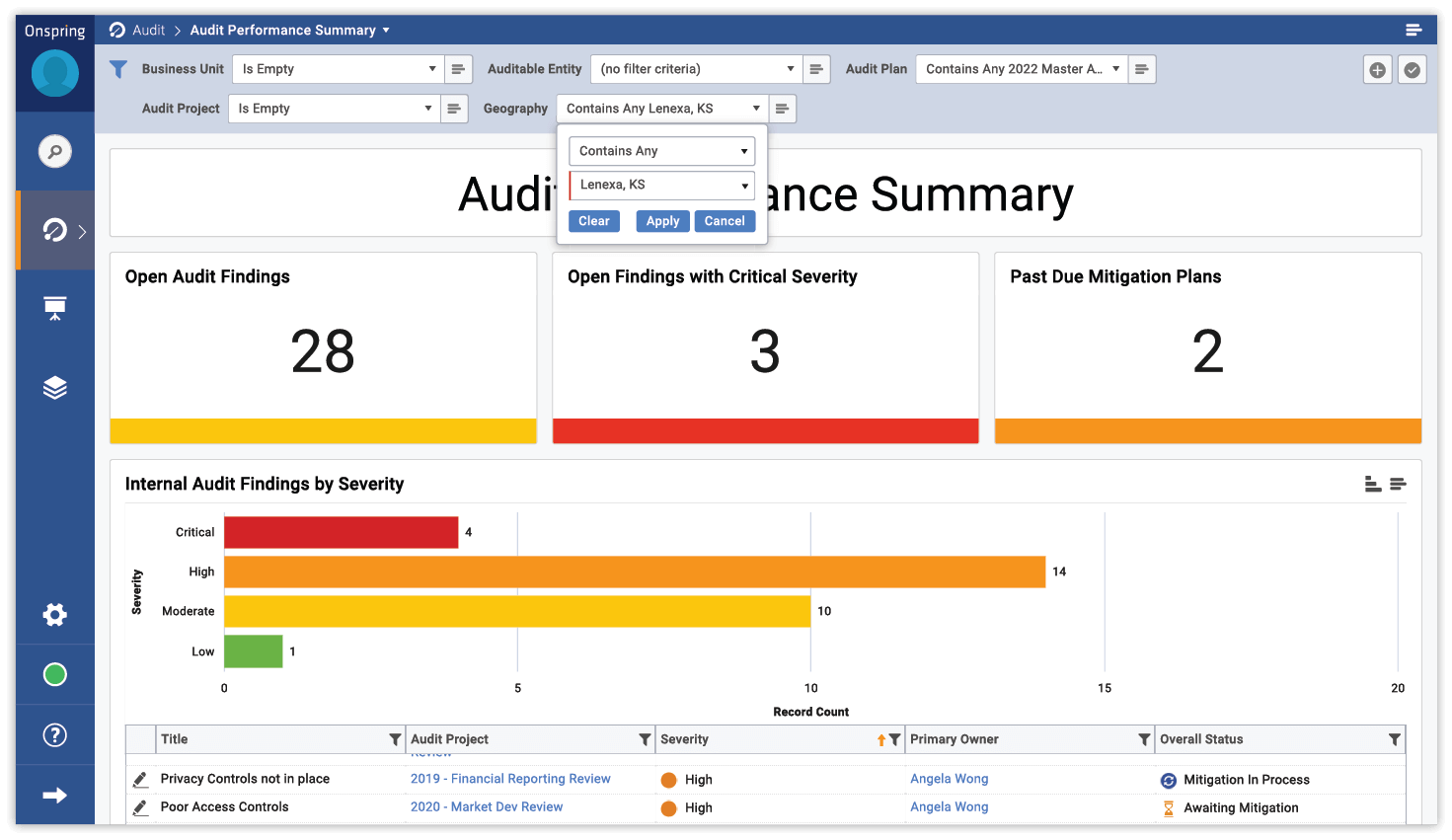 Dashboard Filters for Audit programs in Onspring GRC software
