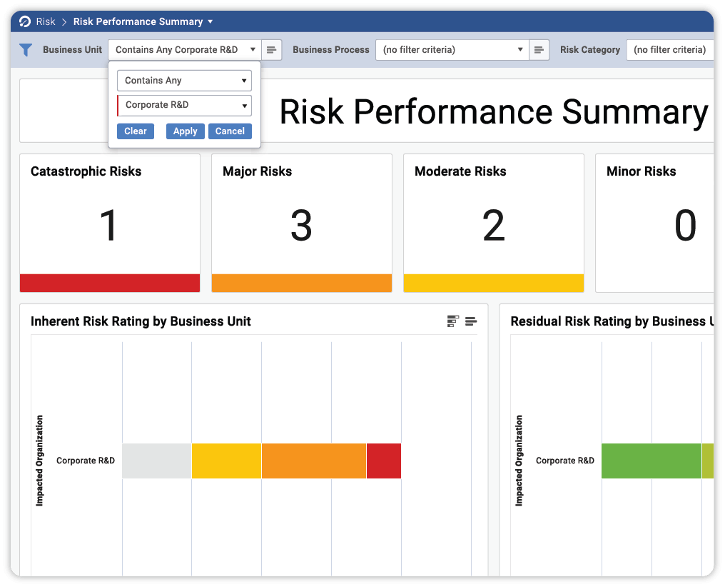 Dashboard Filters for Risk programs in Onspring GRC software