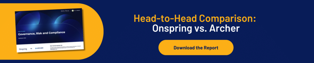 Report cover on the left and text on the right: Head-to-Head Comparison – Onspring vs. Archer. Download the detailed Onspring vs. Archer report against a striking blue and yellow background.
