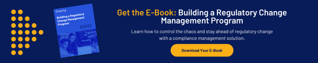 Banner featuring a book titled Building a Regulatory Change Management Program, with text promoting an e-book download about effective regulatory change management, and a yellow button labeled Download Your E-Book.