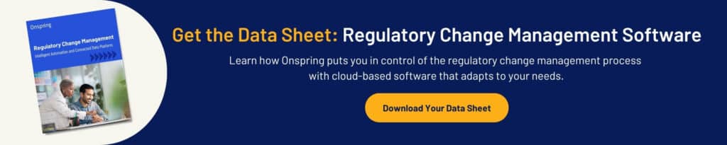 Banner with a blue background promotes a regulatory change management data sheet. Features a booklet image, descriptive text, and a yellow button labeled "Download Your Data Sheet.