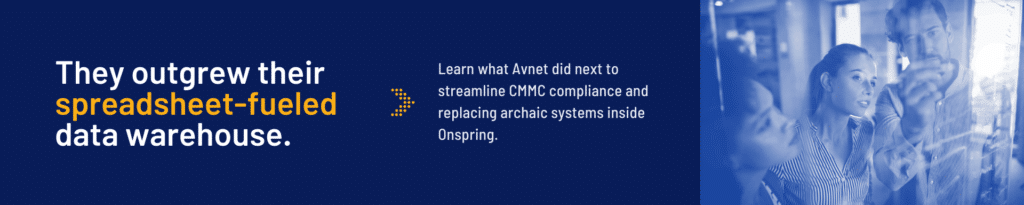 A team collaborates in an office, overlaid with text: They outgrew their spreadsheet-fueled data warehouse. Discover what Avnet did next to streamline CMMC compliance and answer the question: What is CMMC Compliance inside Qonspring.