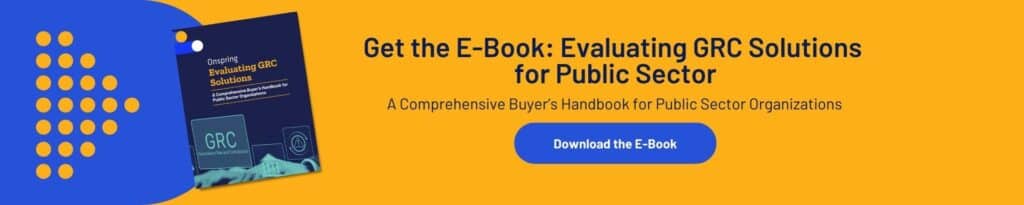 Banner with a book cover titled Evaluating GRC Solutions and text offering a free e-book on automated policy management for public sector and SLED agency organizations. A blue button labeled Download the E-Book is visible on a yellow background.