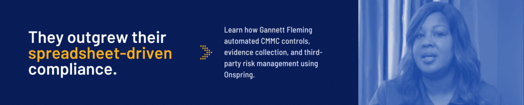 A blue-toned banner with text: “They outgrew their spreadsheet-driven compliance.” Beside it, more text explains automating compliance with Onspring and answers, "What is CMMC Compliance?" On the right, a woman speaks on camera against a blurred background.
