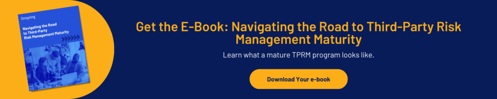 A blue and yellow banner promoting an e-book titled Navigating the Road to Third-Party Risk Management Maturity, featuring a download button and insights on TPRM program maturity and vendor master data management strategies.