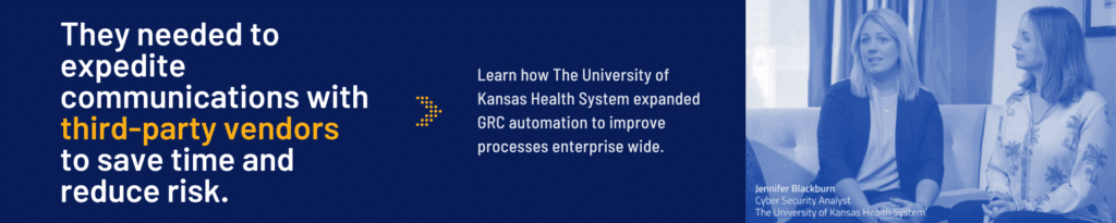 Two women sit and talk in an office. Text reads: They needed to expand GRC strategy with third-party vendors to save time and reduce risk. Additional text describes a case study about improving processes at The University of Kansas Health System.