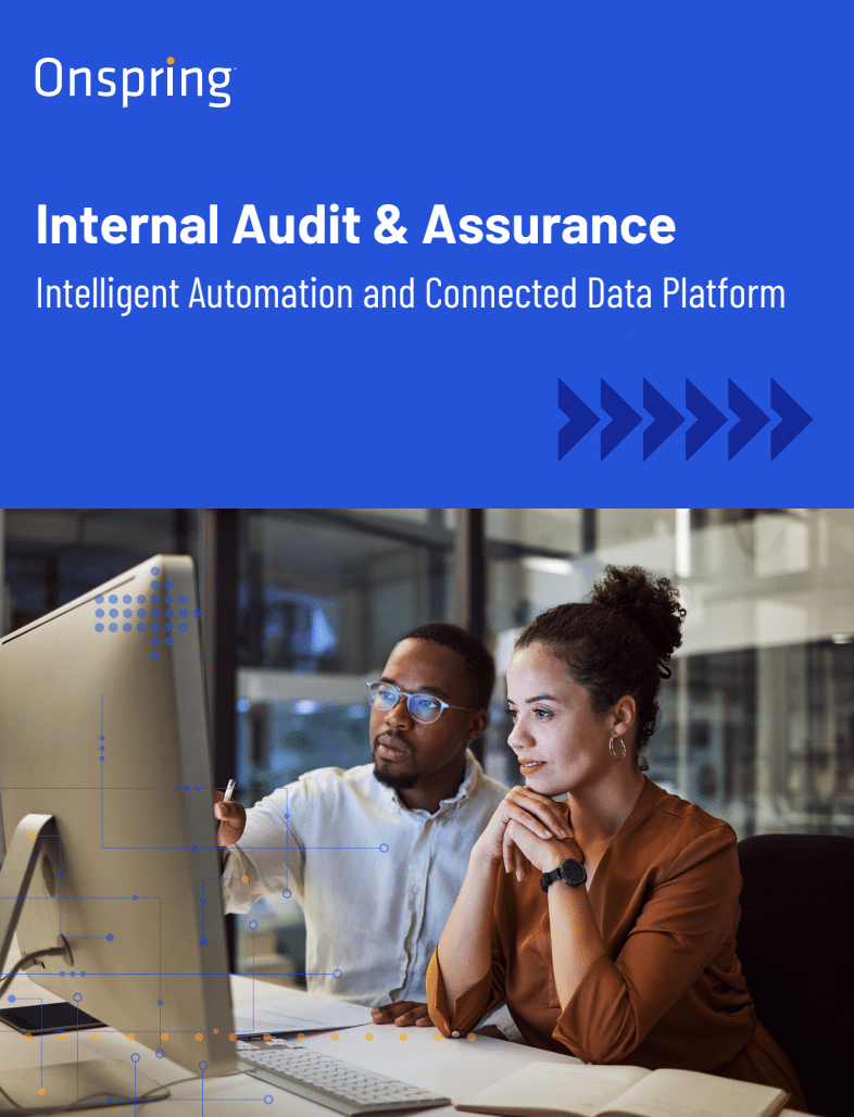 Two professionals, a man and a woman, sit at a computer screen in a modern office. The image features the text: Onspring Internal Audit Management & Assurance, Intelligent Automation and Connected Data Platform.