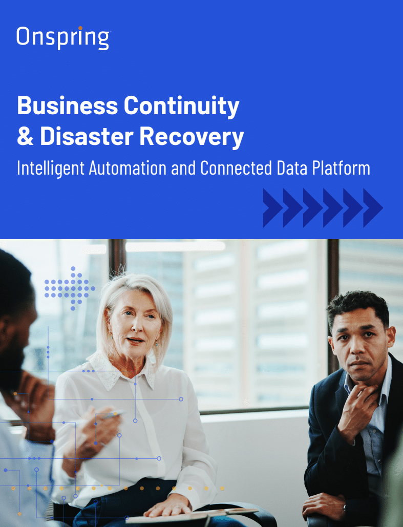 Three professionals, two men and one woman, sit together in discussion. The image is overlaid with text about business continuity, business resiliency management, disaster recovery, intelligent automation, and connected data platforms.