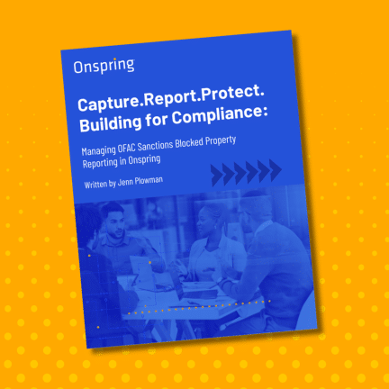 A blue report cover titled Capture.Report.Protect. Compliance Management: Building for Compliance, with people in a meeting, on an orange background with yellow dots.