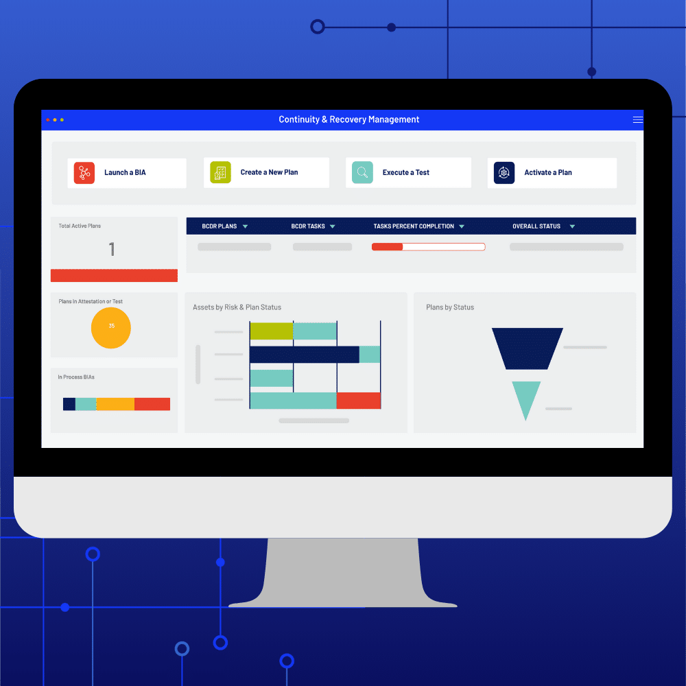 A computer monitor displays a Business Continuity and recovery management dashboard with charts, graphs, and colored buttons labeled: Launch a BIA, Create a New Plan, Create a Test, and Activate a Plan on a blue digital background.