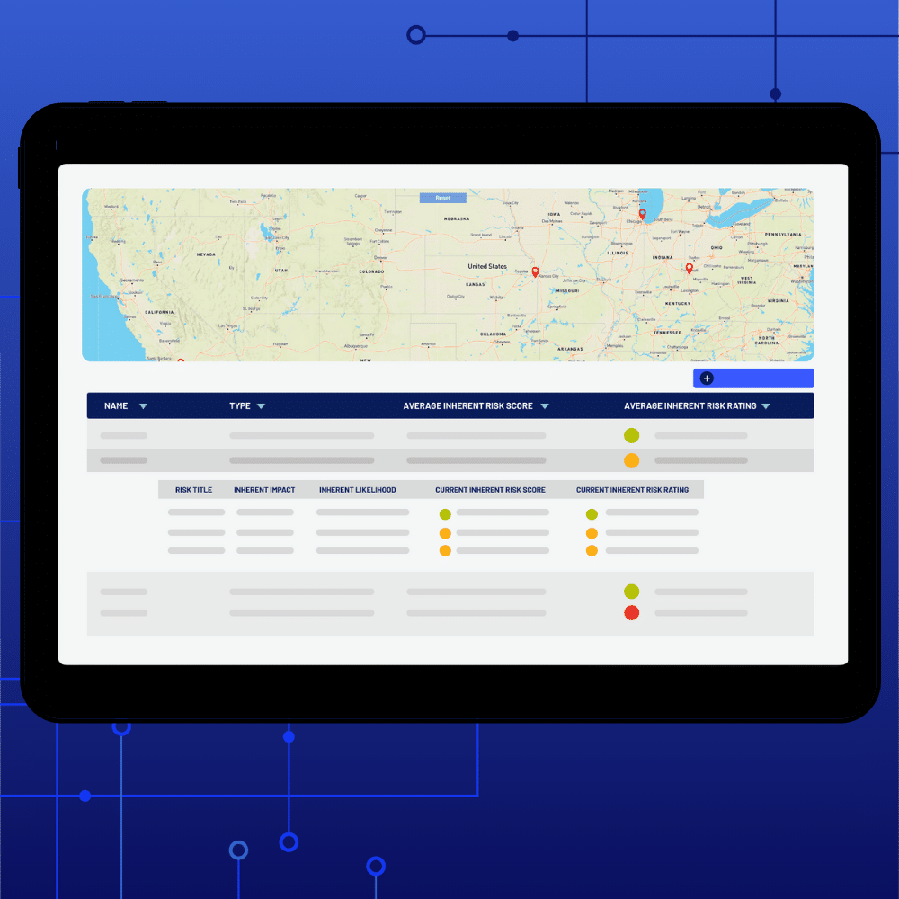 A tablet screen displays a map with red markers across the U.S. and a data table below showing Business Continuity risk ratings with colored dots, drop-down filters, and incident details. The background features a blue tech-themed design.