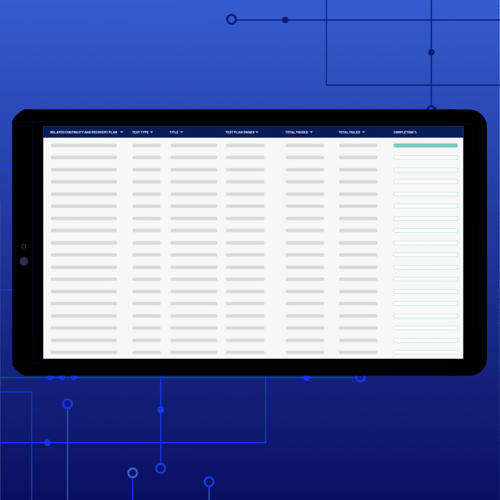A digital tablet displays a data table with multiple columns and rows, some with blue progress bars—highlighting business resiliency. The blue background features faint circuit-like graphics and connected dots.