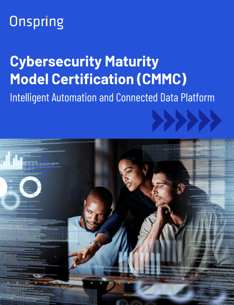 Three professionals collaborate at a computer, analyzing data visualizations. The text above reads: CMMC 2.0 Intelligent Automation and Connected Data Platform for streamlined CMMC compliance and management.
