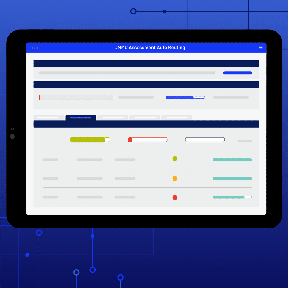 A tablet screen displays a dashboard titled “CMMC 2.0 Assessment Auto Routing,” featuring progress bars and a table with colored status indicators on a blue tech-inspired background for streamlined CMMC compliance.