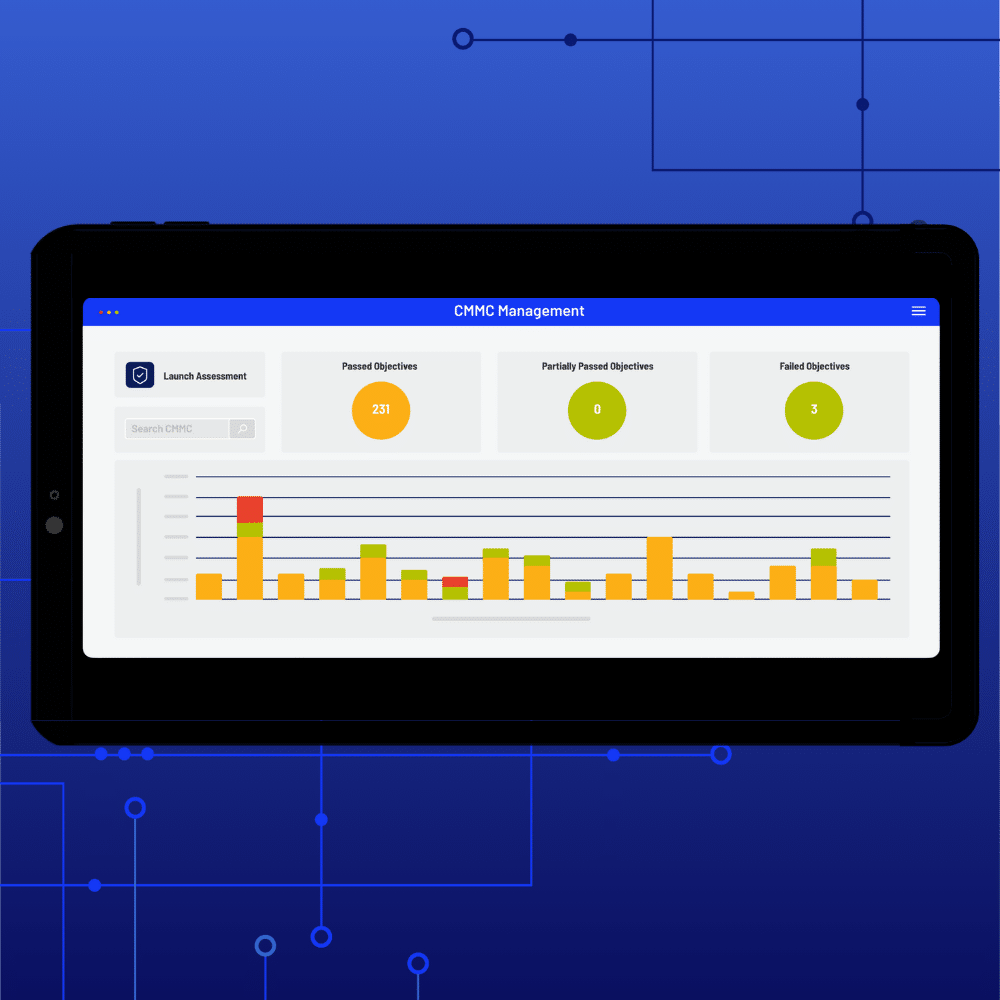 A tablet displays a dashboard with a bar chart and summary boxes showing passed objectives (231), partially passed objectives (0), and failed objectives (3) for a CMMC 2.0 management assessment.