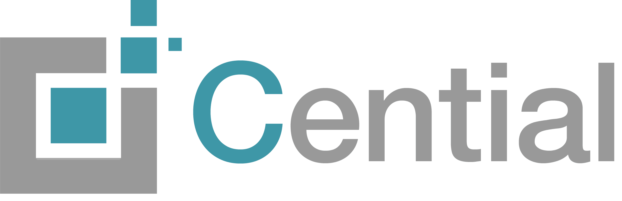 Logo for Cential featuring a stylized square design with smaller blue squares overlapping a larger gray square, next to the word Cential in gray and teal letters.