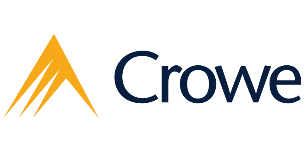 The Crowe logo features a stylized yellow triangle with three lines on the left and the word “Crowe” in dark blue text on the right.