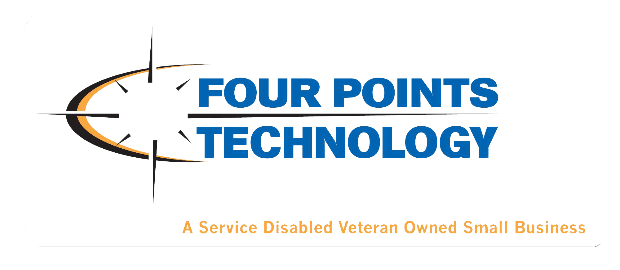Logo for Four Points Technology, featuring a partial compass design and the slogan A Service Disabled Veteran Owned Small Business in yellow below the Four Points Technology name in blue.
