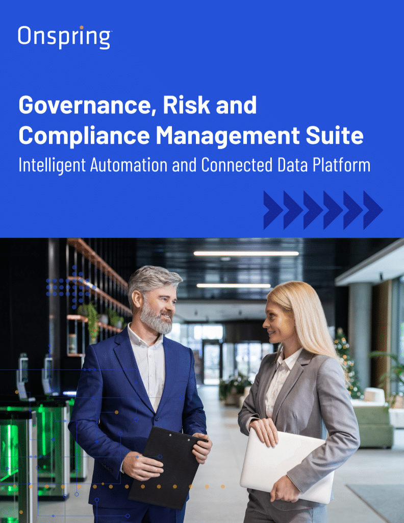 Two business professionals in suits stand in a modern office discussing Governance and Compliance. The text above reads, “Governance, Risk and Compliance Management Suite” by Onspring, set against a blue background.