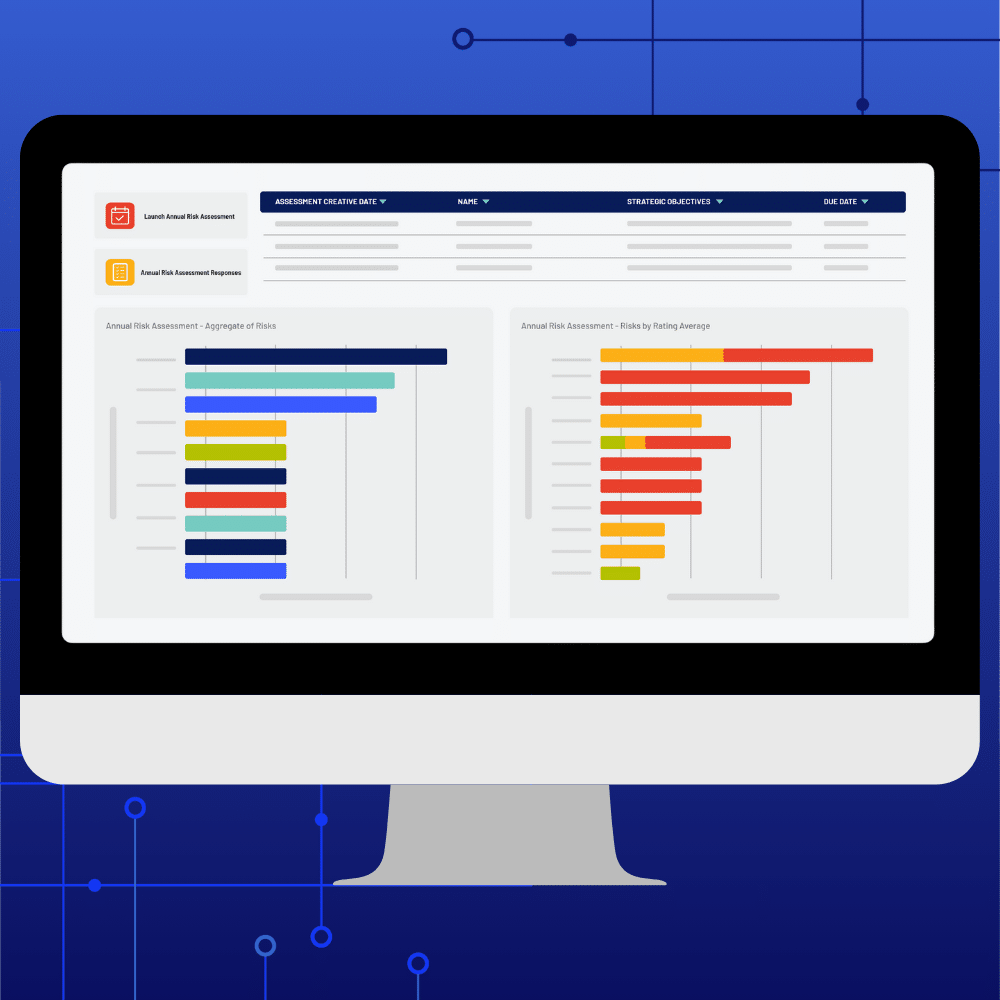 A computer monitor displays GRC data dashboards with colorful horizontal bar charts and tables, showing risk assessment information, against a blue background with abstract network lines and dots.