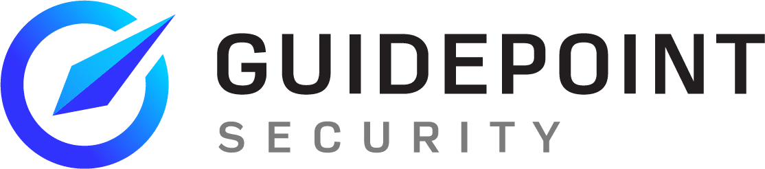 GuidePoint Security logo featuring a blue circular graphic with a stylized checkmark on the left, and the words GuidePoint in bold black text and Security in light gray text on the right, representing trusted cybersecurity and security solutions.