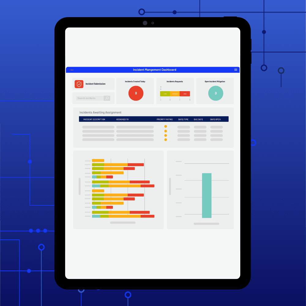 A tablet displays an Incident Management Dashboard with status indicators, graphs, and charts showing incident submissions, reports, control tests, and resolution data on a blue tech-themed background for streamlined incident management.