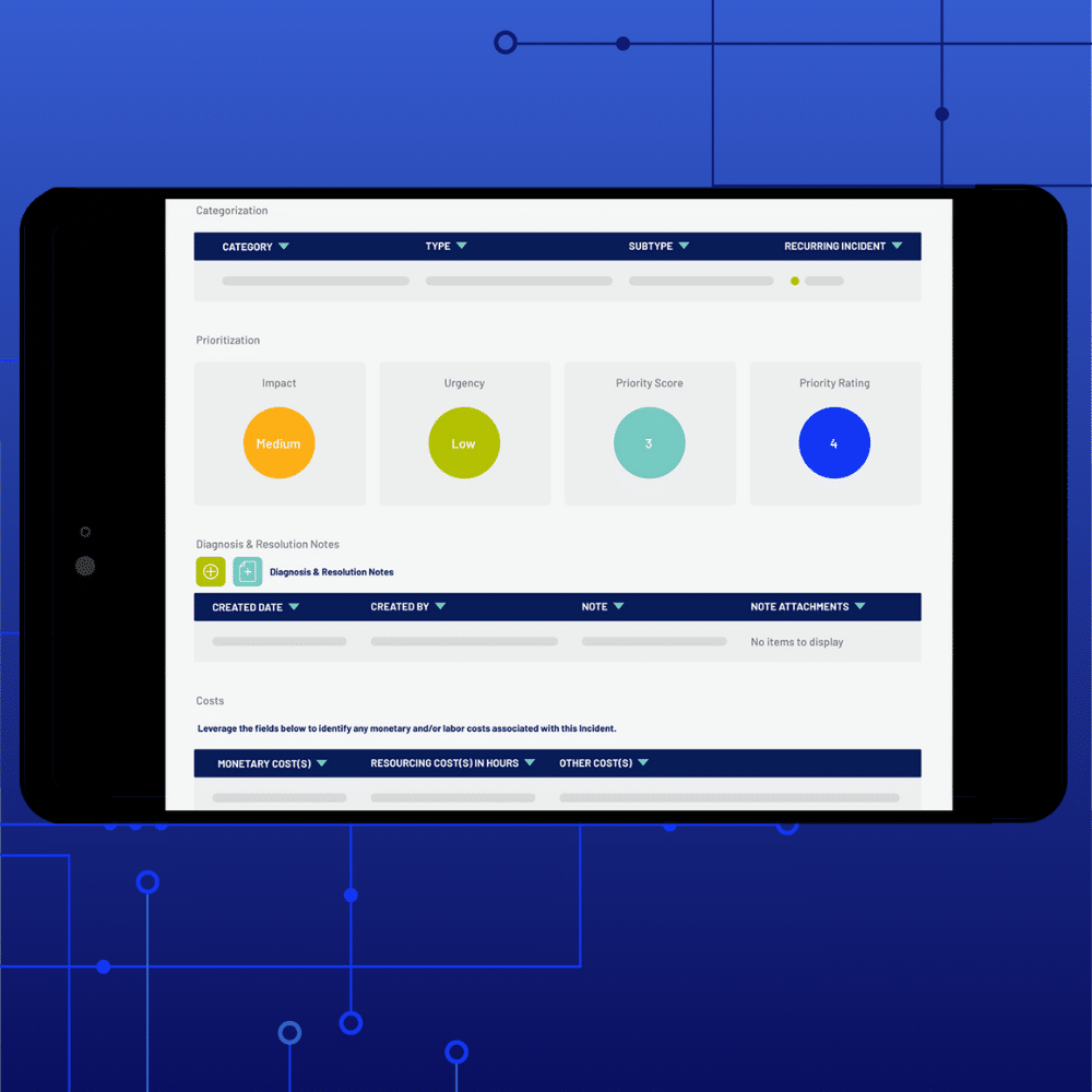 A tablet screen displays an Incident Management dashboard with category selection menus, prioritization indicators (impact: medium, urgency: low, priority score and rating), diagnosis and resolution notes, and cost tabs on a blue tech-themed background.