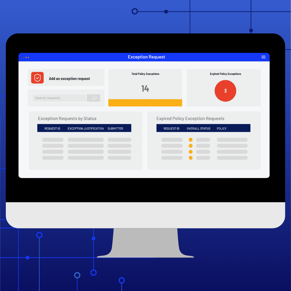 A computer screen displays an Exception Request dashboard with charts and tables showing total and expired policy exceptions, request statuses, and policy exception details, seamlessly integrated with Incident Management on a blue tech-themed background.