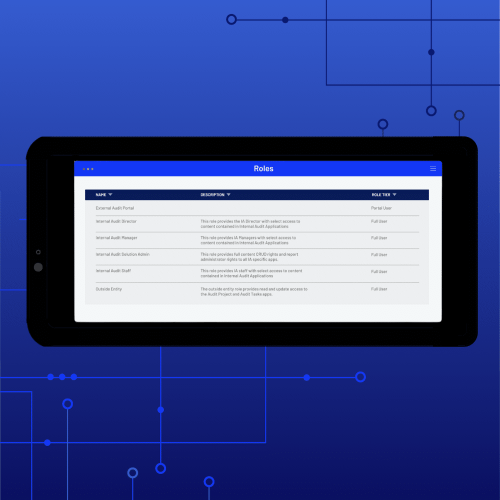 A tablet displays an Internal Audit Management roles table with columns for name, description, and role type, set against a blue background with circuit-like graphic lines.