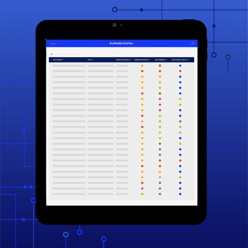 A tablet displays a table titled Auditable Entries with rows of data and colored dot indicators, perfect for visualizing audit management insights on a blue, tech-themed background.