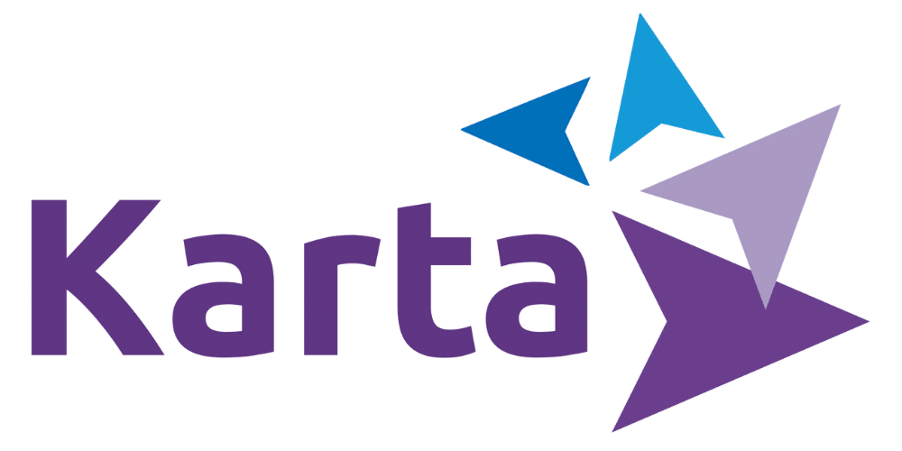 The image shows the word Karta in purple with three overlapping arrow-like shapes in blue, light blue, and purple pointing to the right above and beside the text.
