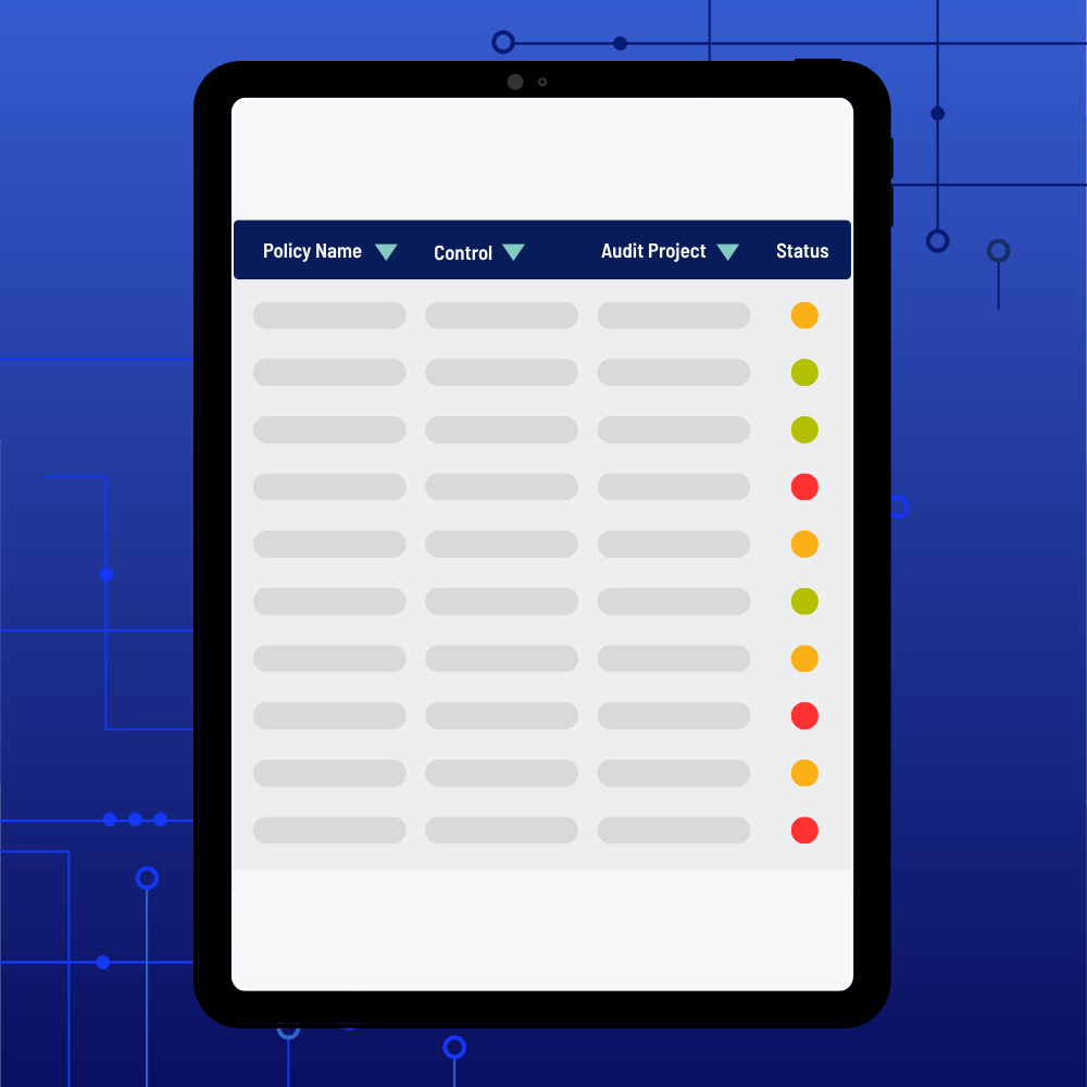 A tablet displays a table with columns for Policy Name, Control, Audit Project, and Status, ideal for OMB A-123 and risk management. Status appears as colored dots: yellow, green, orange, red. The background features a blue tech-inspired design.