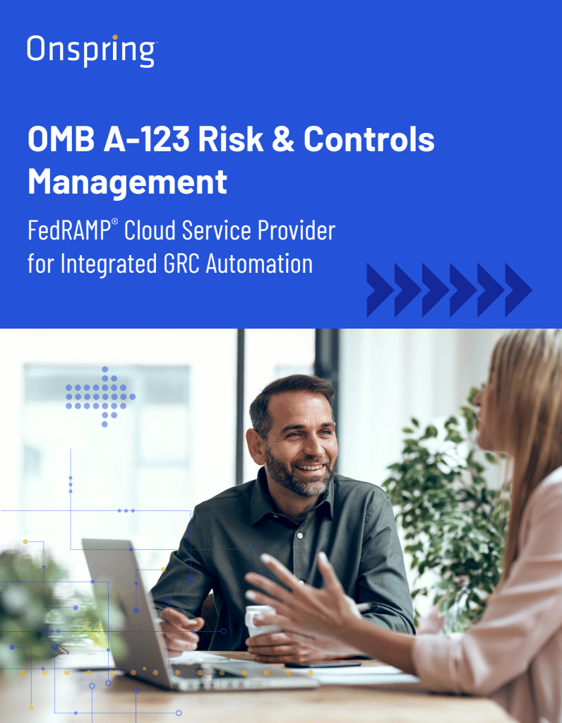 A man and a woman sit at a table having a discussion, both smiling, with a laptop in front of them. Text above reads, OMB A-123 Risk & Controls Management—FedRAMP® Cloud Service Provider for integrated risk management automation.