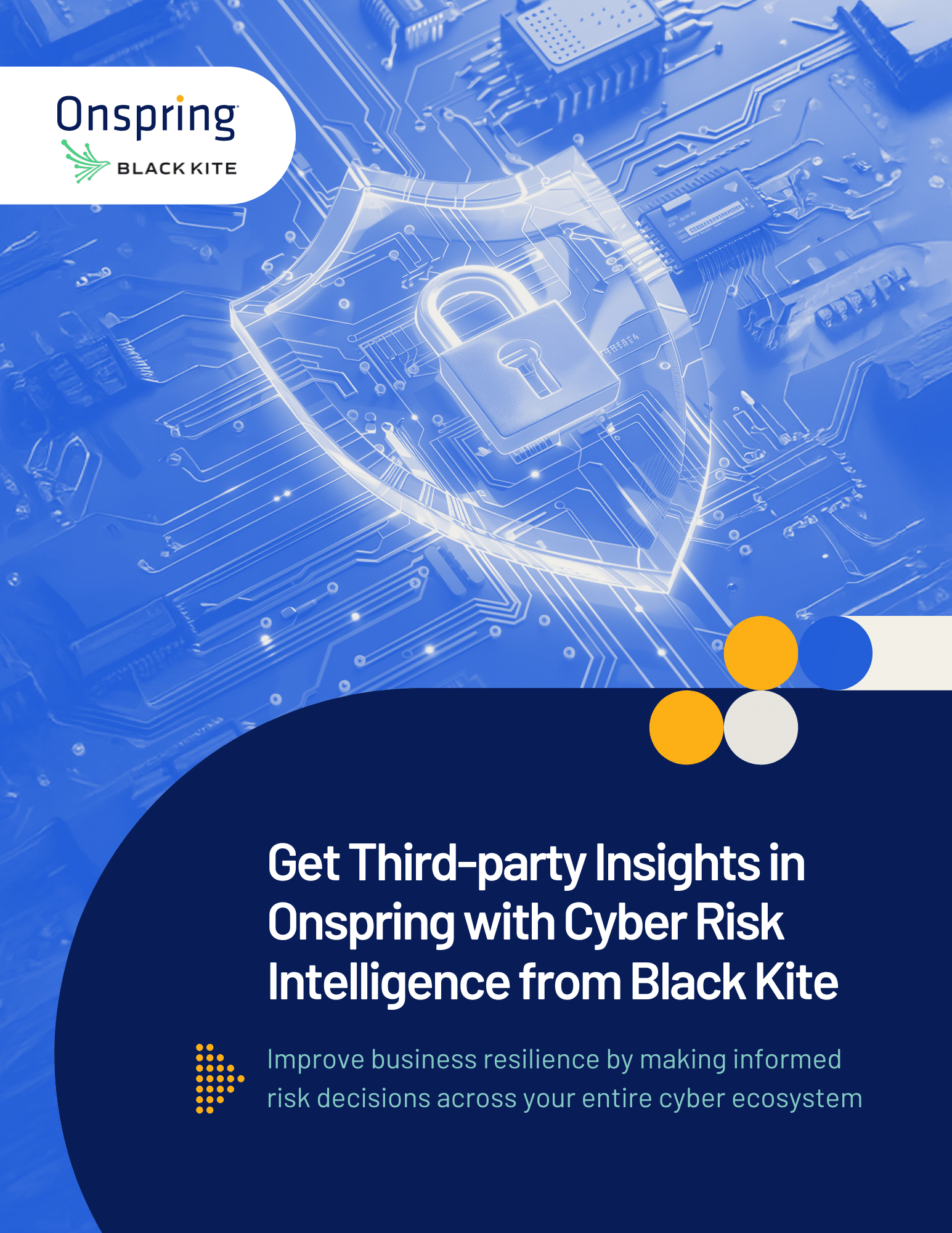 A digital graphic for Onspring and Black Kite shows a glowing lock inside a shield overlaid on a blue-toned circuit board, with text promoting cyber risk intelligence and third-party insights.