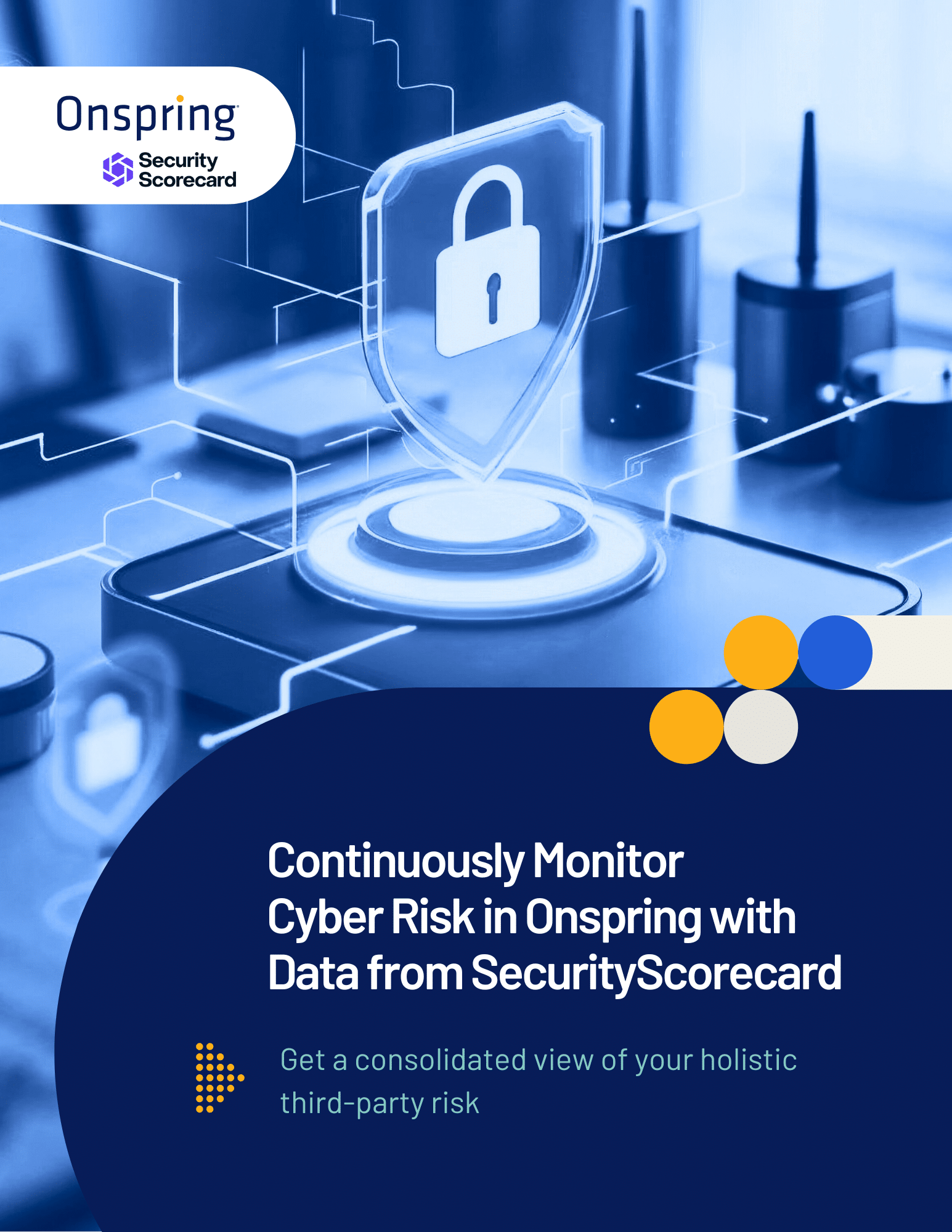 A digital lock icon on a computer keyboard symbolizes cybersecurity. Text reads: Continuously Monitor Cyber Risk in Onspring with data from Security Scorecard’s security rating for a consolidated view of your holistic third-party risk.