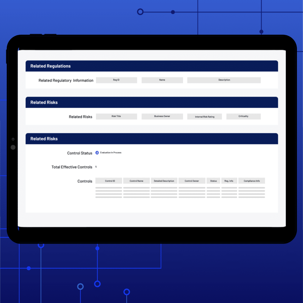 A tablet displays a dashboard with sections for Related Regulations, Related Risks, and Controls, supporting streamlined policy management, all presented in a table format against a blue, circuit-themed background.
