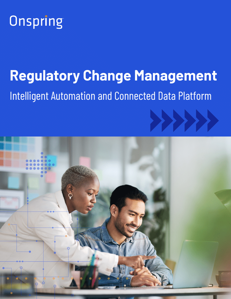 Two professionals collaborate at a desk with a laptop. The image is overlaid with text highlighting Regulatory Change Management and features a blue banner with the Onspring logo and decorative digital elements.