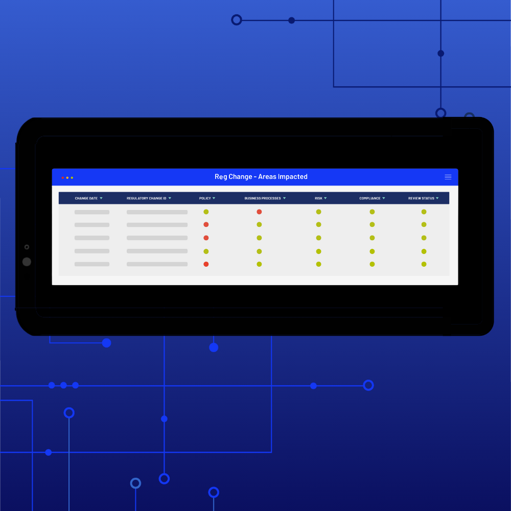 A tablet displays a chart titled Reg Change - Areas Impacted, visualizing regulatory change management with red, yellow, and green dots across columns and rows, set against a blue digital background with circuit-like lines.
