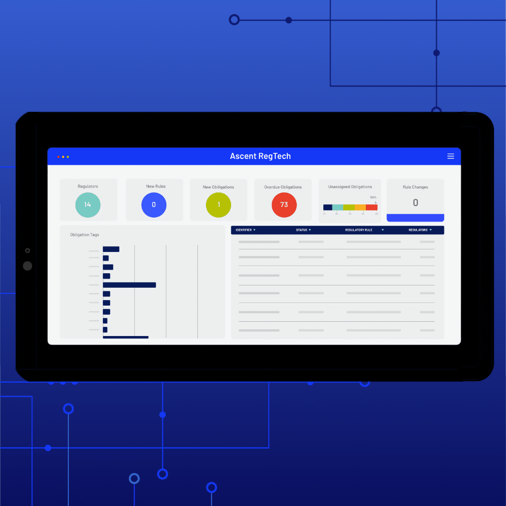 A tablet screen displays a dashboard from Ascent RegTech, featuring colored data widgets, bar charts, and tables for effective Regulatory Change Management against a blue tech-themed background.