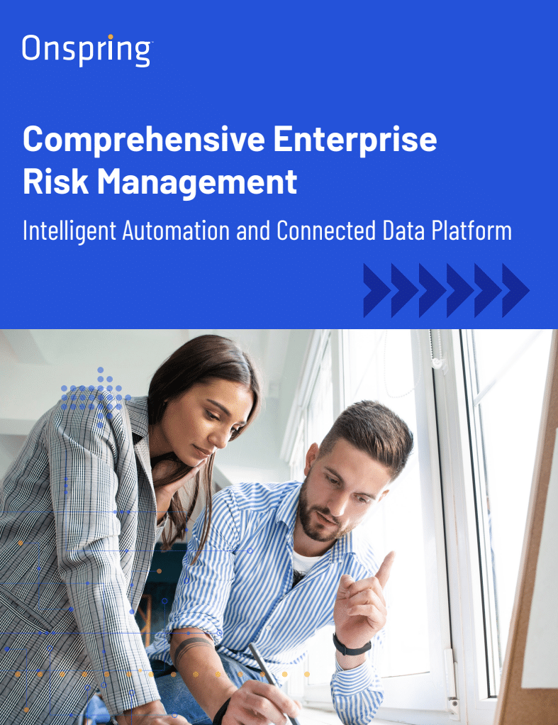 A woman and a man collaborate at a desk with documents and a laptop, focusing on Risk Management. Above them, text reads: “Onspring Comprehensive Enterprise Risk Management, Intelligent Automation and Connected Data Platform.”.