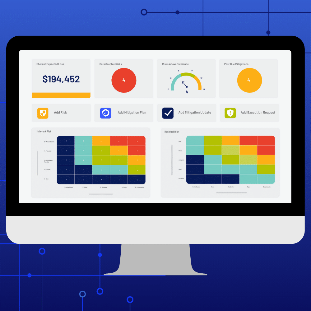 A computer screen displays a Risk Management dashboard with metrics, charts, data tables, colored heat maps, and action buttons on a blue background featuring abstract circuit patterns.