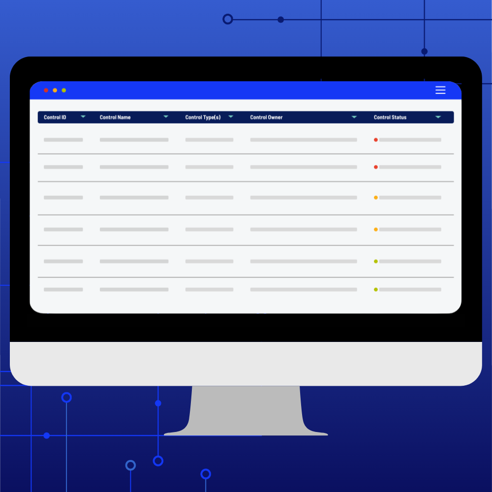 A computer screen displays a risk management dashboard with a table showing columns for Control ID, Control Name, Control Type, Control Owner, and Control Status—featuring green, yellow, and red indicators.
