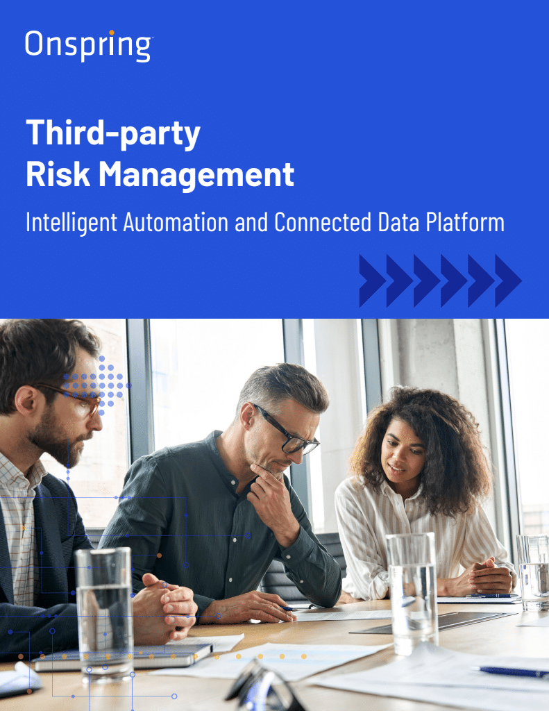 A group of three professionals sit at a table working together, with documents, a laptop, and coffee cups. The image is overlaid with text promoting Onsprings Third-Party Risk Management platform for seamless collaboration.