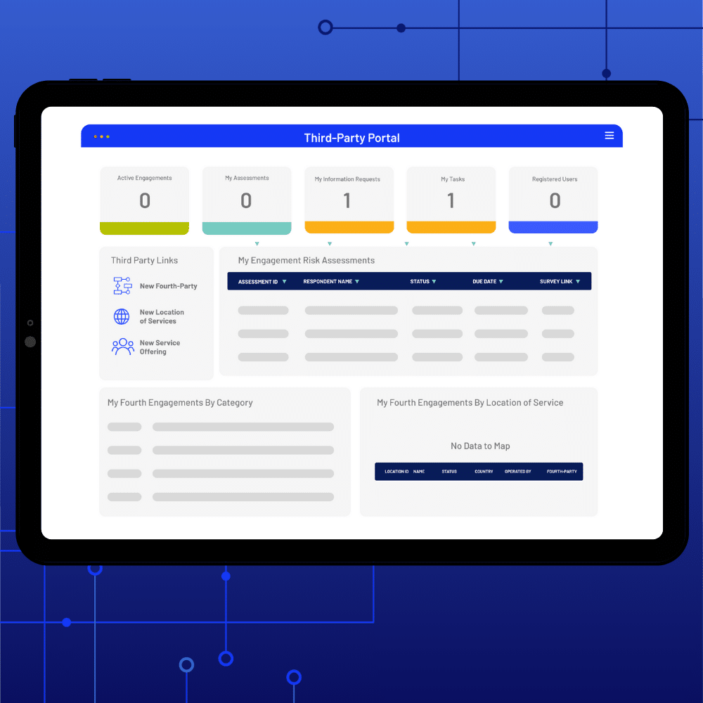 A tablet displays a Third-Party Risk Management dashboard for a Third-Party Portal, with colored statistic boxes for active engagements, assessments, information requests, tasks, and users, plus data sections and charts below. Blue tech-themed background.