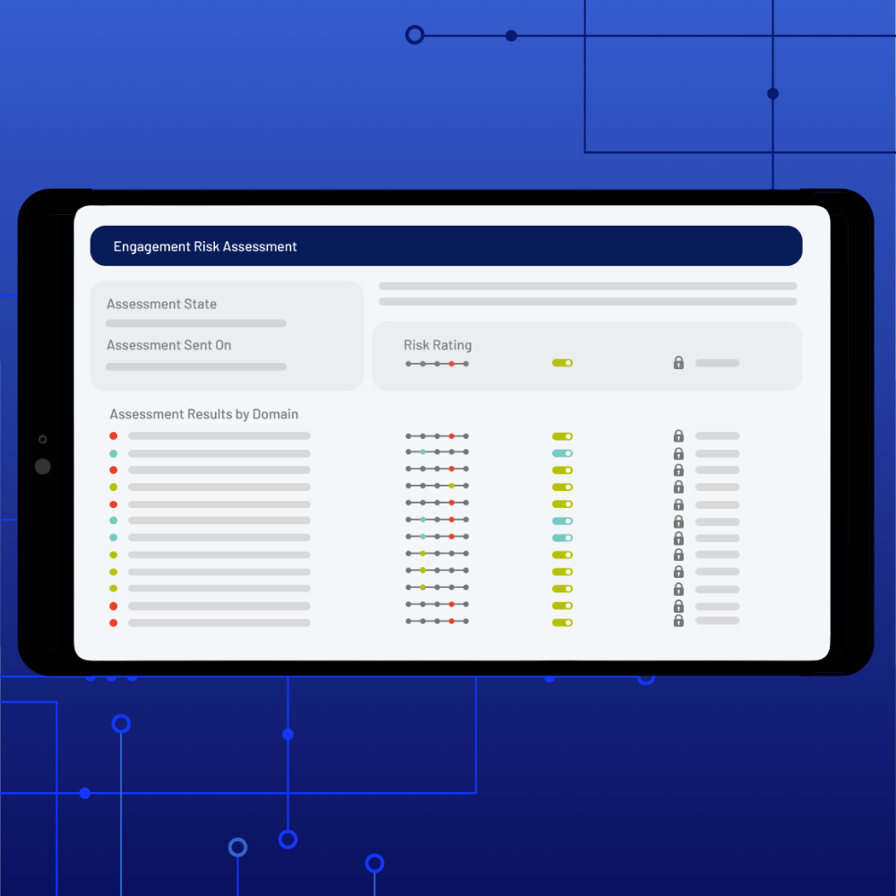 A tablet screen displays a Third-Party Risk Management Engagement Risk Assessment dashboard with colored dot indicators, risk ratings, and padlock icons, set against a blue, tech-themed background with circuit lines.