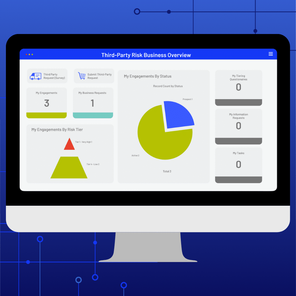 A computer monitor displays a Third-Party Risk Management dashboard titled Third-Party Risk Business Overview, featuring charts and boxes showing engagements by status, risk tier, business requests, and tasks, set against a blue background with circuit lines.