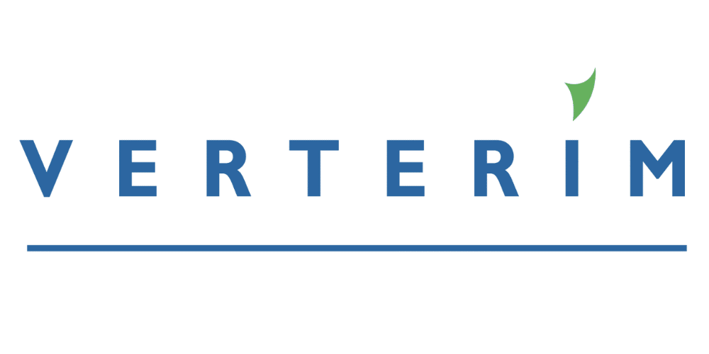 The word VERTERIM is written in blue, uppercase letters with a horizontal blue line underneath. A small green leaf shape is above the letter I.