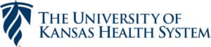 The University of Kansas Health System logo, designed by Jennifer Blackburn, features a blue abstract leaf symbol on the left and the name in blue serif font on the right.
