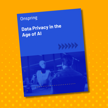Blue cover titled “Data Privacy in the Age of AI” with silhouettes of a robot and a person facing each other, set against a yellow background with dotted pattern, highlighting the crucial intersection of Data Privacy and advanced Data Security in our increasingly digital world.
